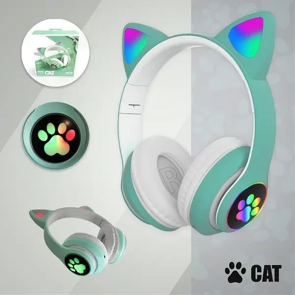 Навушники CAT бездротові з вушками кішки та підсвіткою RGB BT Навушники Кішки Зелений 665787 фото